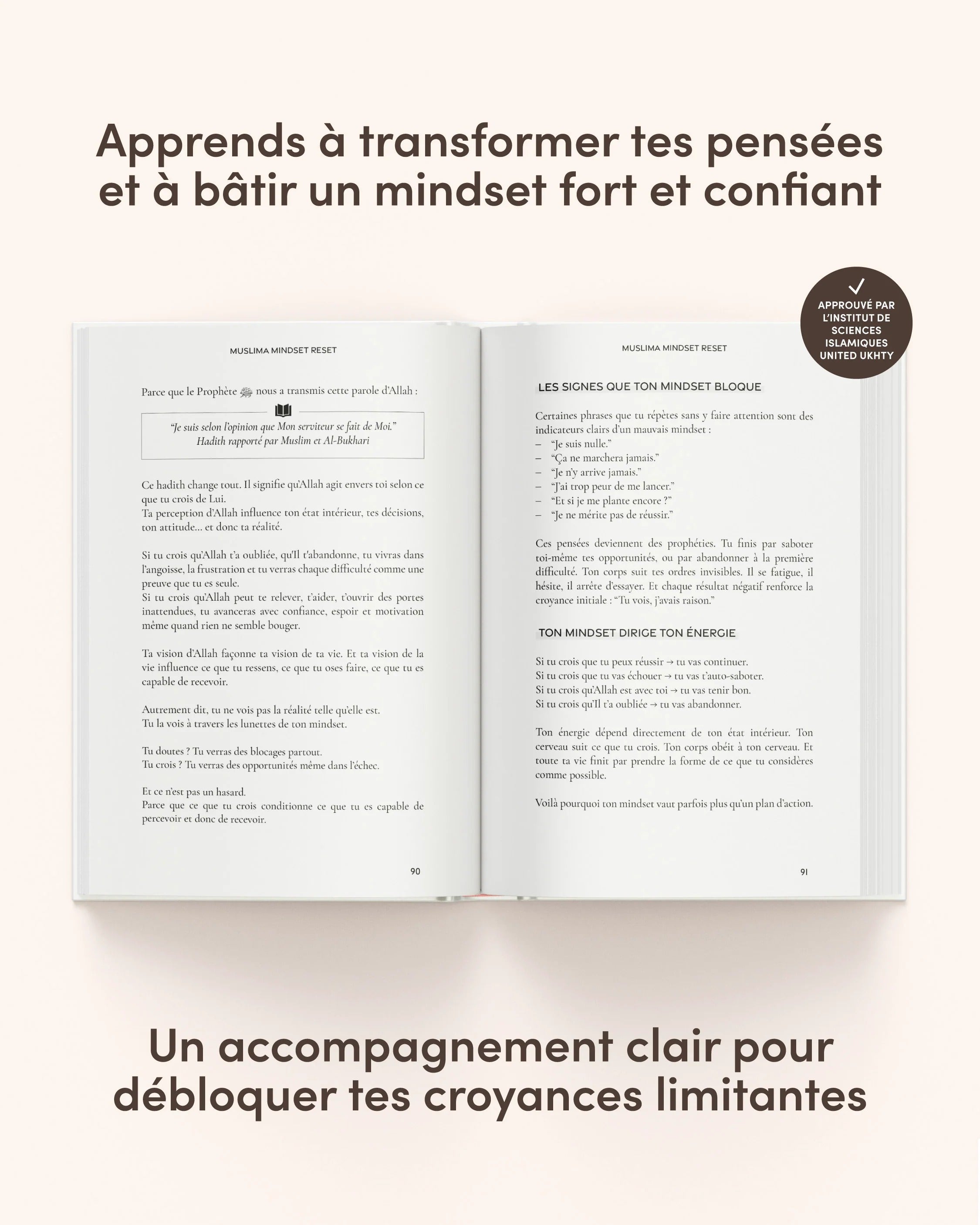 Livre Muslima Mindset Reset de Muslima Glow, guide de transformation islamique pour femmes, avec couverture et titre visible.