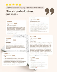 Livre Muslima Mindset Reset de Muslima Glow, guide de transformation islamique pour femmes, avec couverture et pages visibles.