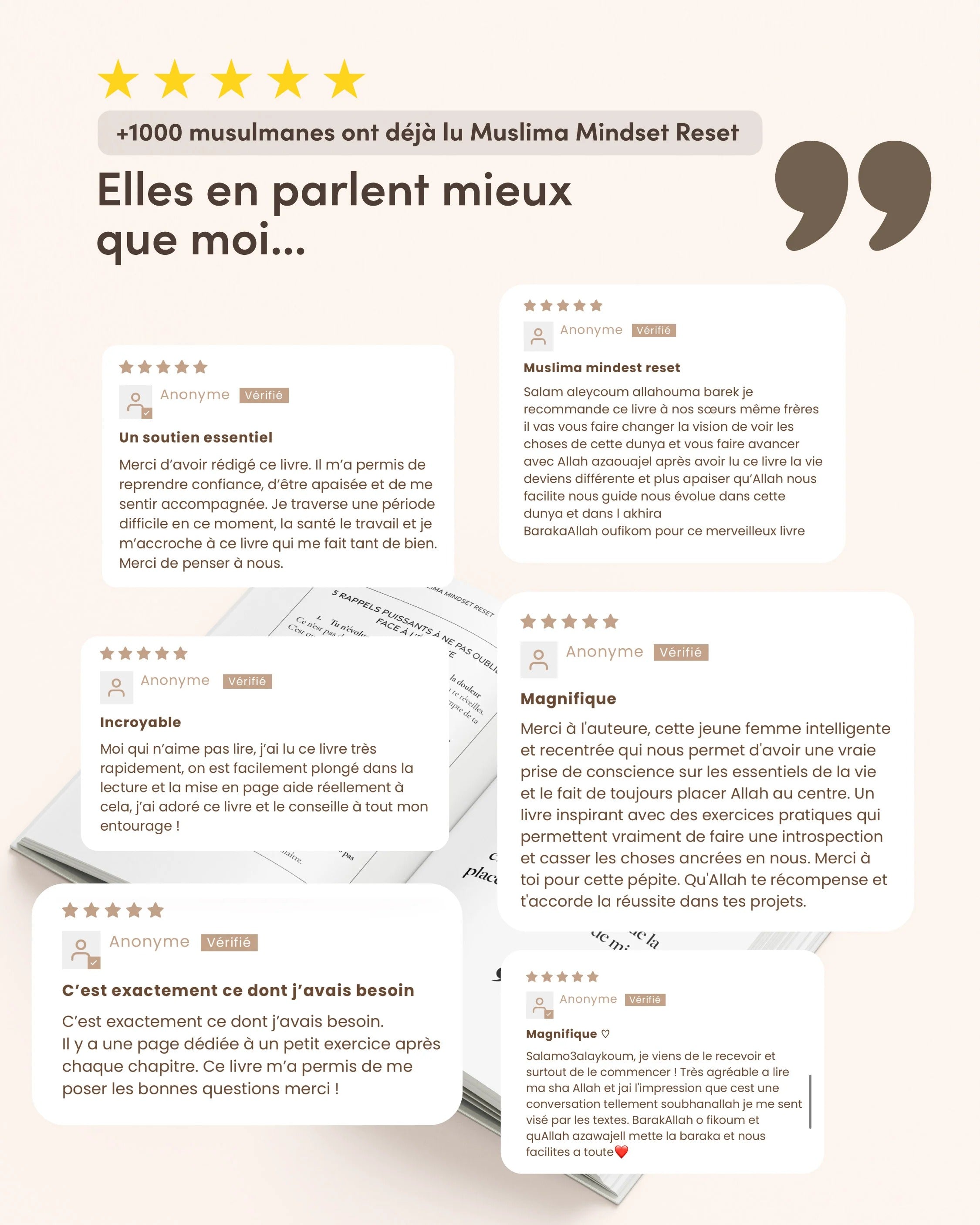 Livre Muslima Mindset Reset de Muslima Glow, guide de transformation islamique pour femmes, avec couverture et pages visibles.