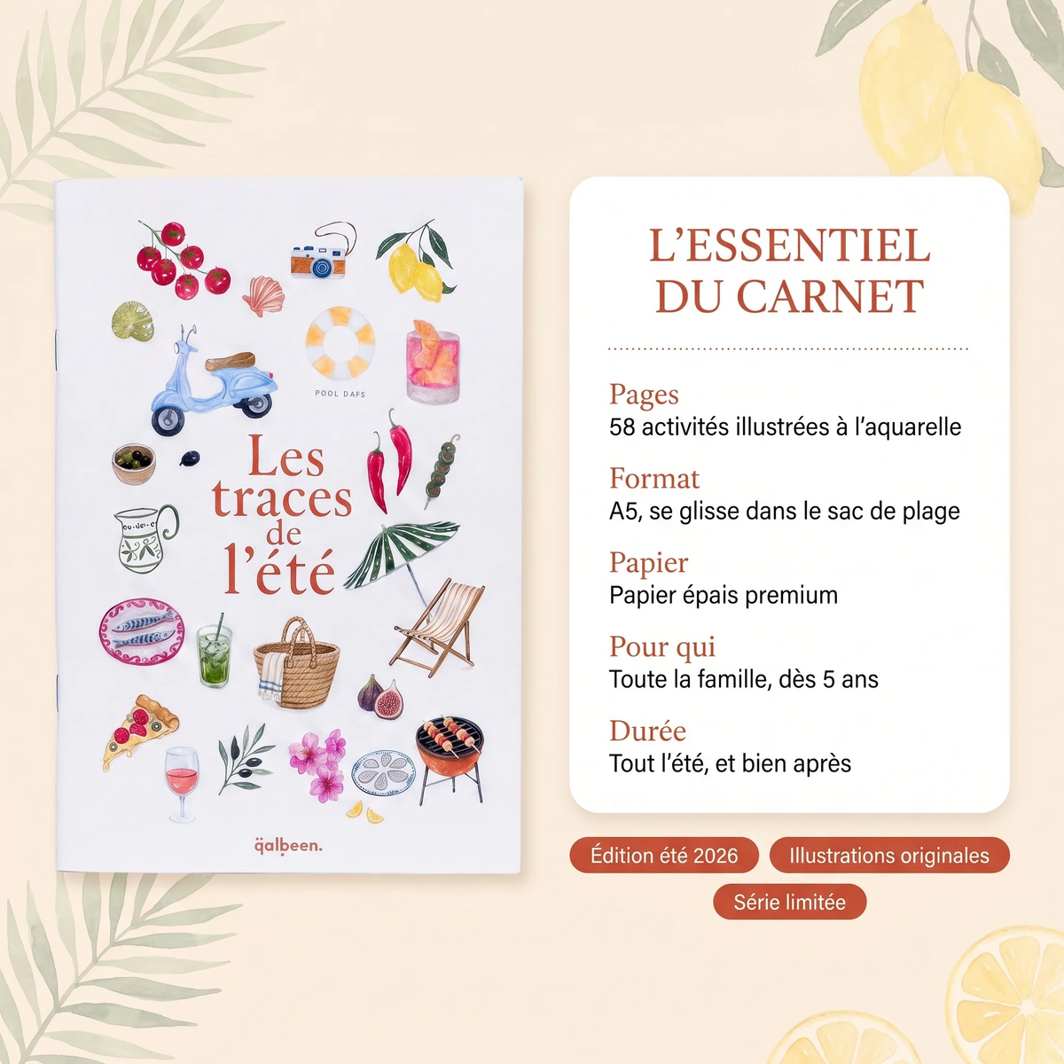 carnet Les Traces De L’Été de Qalbeen avec activités, jeux et journaling