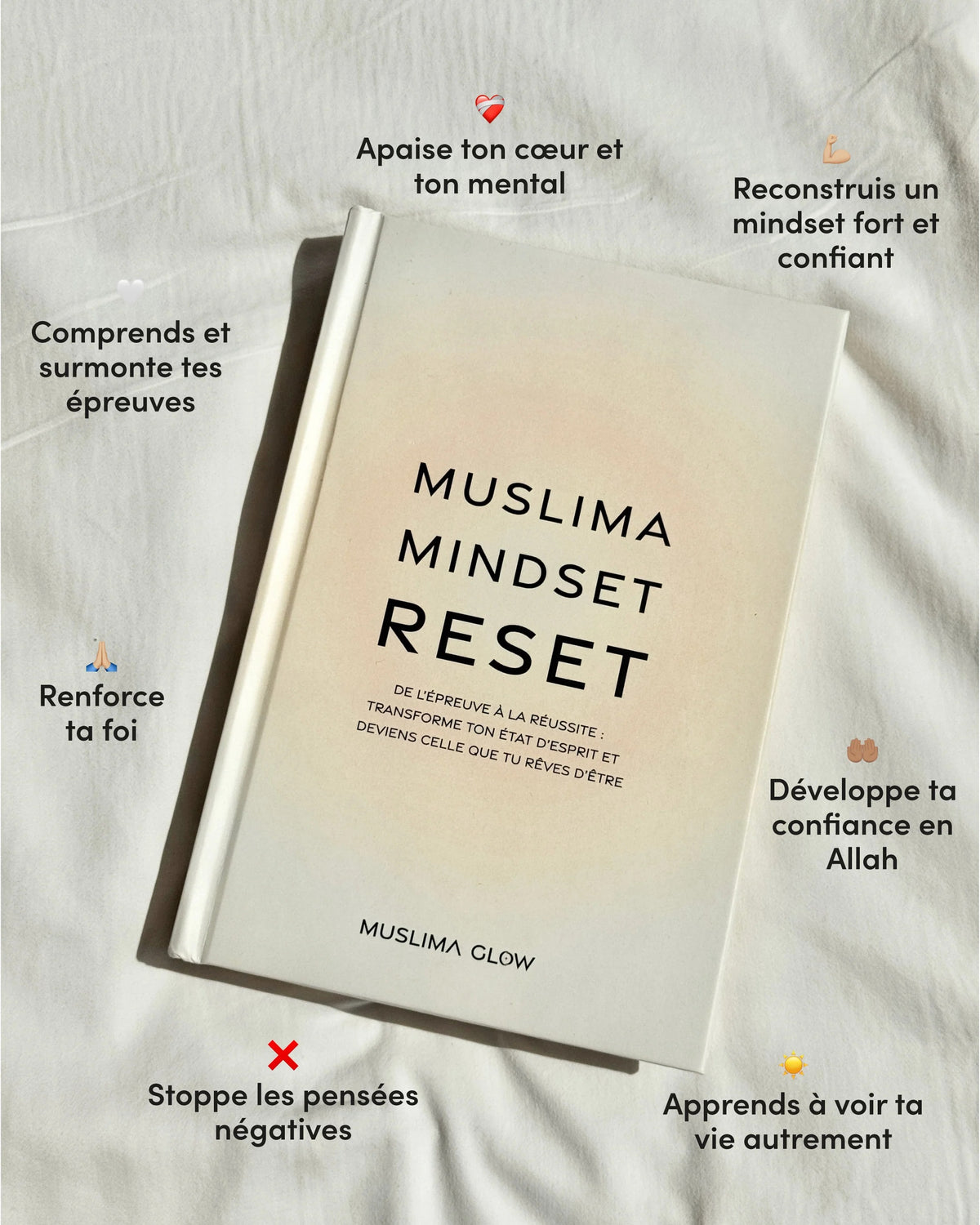 Livre Muslima Mindset Reset de Muslima Glow, guide de transformation islamique pour femmes, avec couverture illustrée.