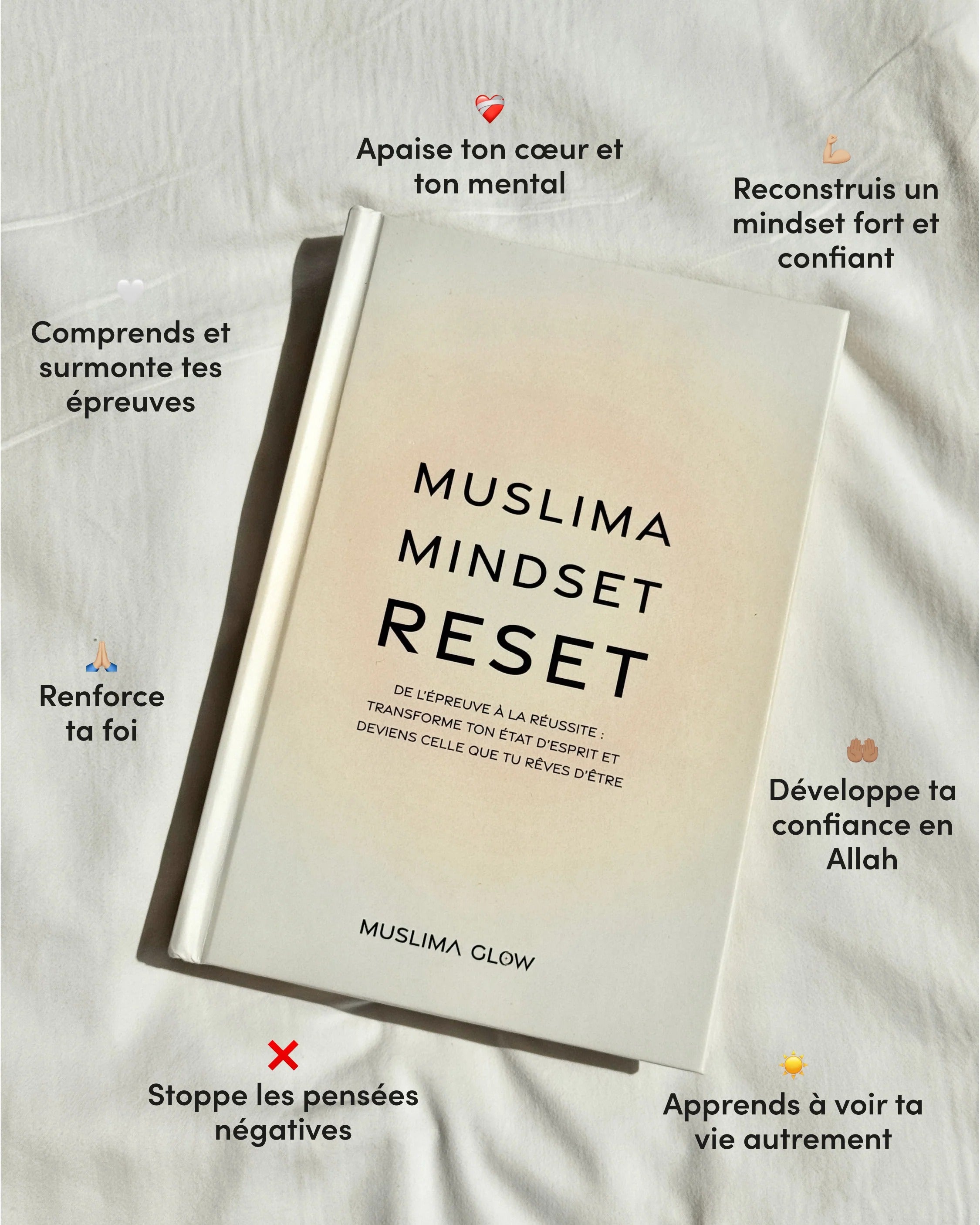 Livre Muslima Mindset Reset de Muslima Glow, guide de transformation islamique pour femmes, avec couverture illustrée.