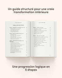 Livre Muslima Mindset Reset de Muslima Glow, guide de transformation islamique pour femmes, avec couverture et pages visibles.