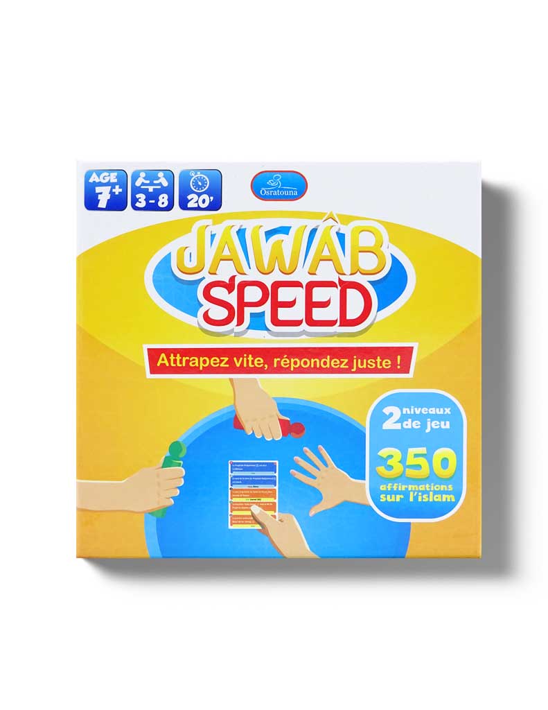 Jeu éducatif Jawâb Speed d'Orientica avec 350 questions vrai/faux pour enfants, jeu islamique interactif et amusant.