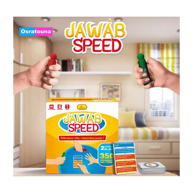 Jeu éducatif Jawâb Speed d'Orientica avec 350 questions Vrai/Faux sur l'islam pour enfants, illustrations visibles.