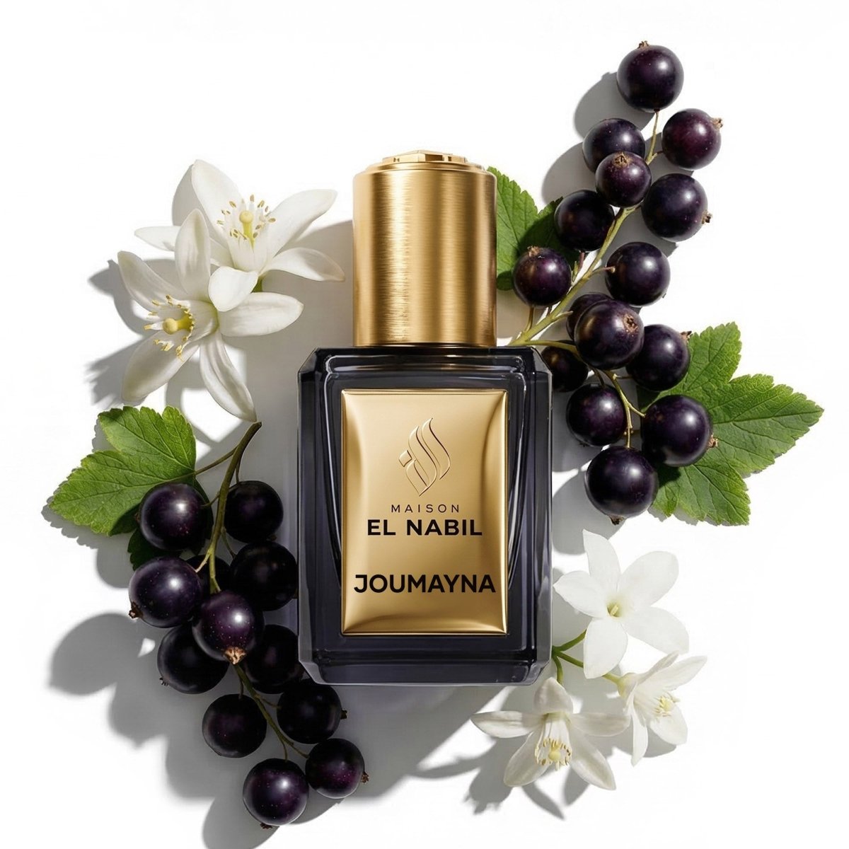 Parfum Nabil Roll-On Joumayna 5ml, flacon en verre avec applicateur à bille, parfum floral oriental aux fruits éclatants et aux fleurs blanches.