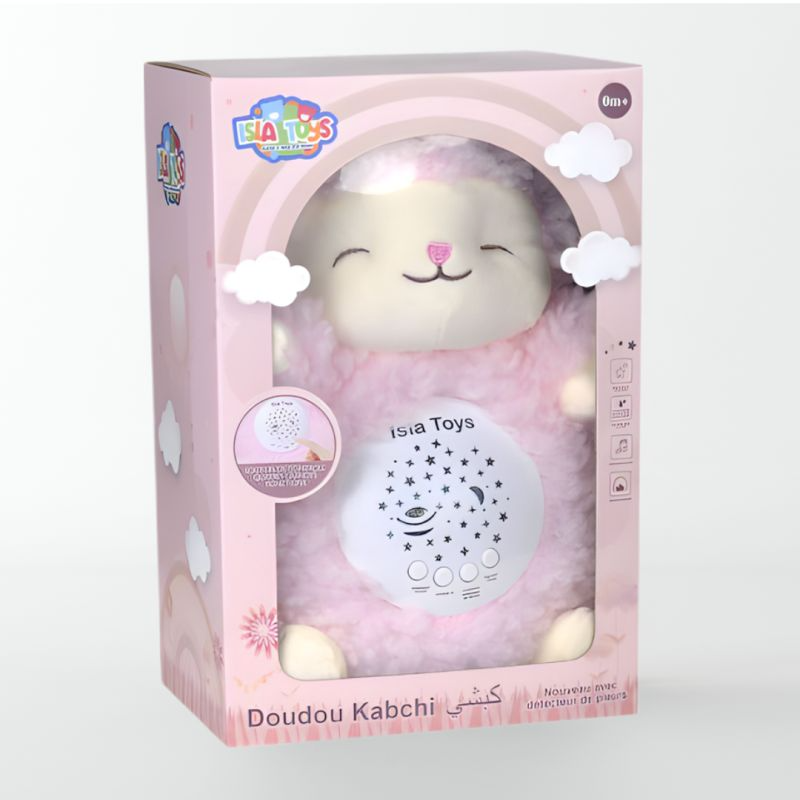 Doudou Kabchi Coranique Veilleuse bébé ISLATOYS avec détecteur de pleurs, mouton rose interactif et sons coraniques pour bébé.