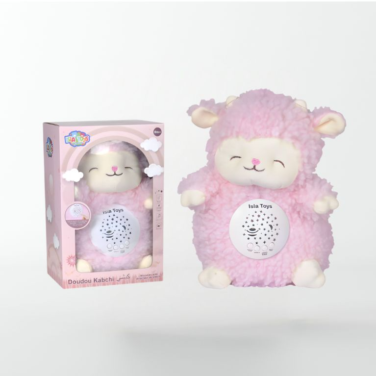 Doudou Kabchi Coranique Veilleuse bébé ISLATOYS, mouton interactif rose avec sons coraniques et détecteur de pleurs.