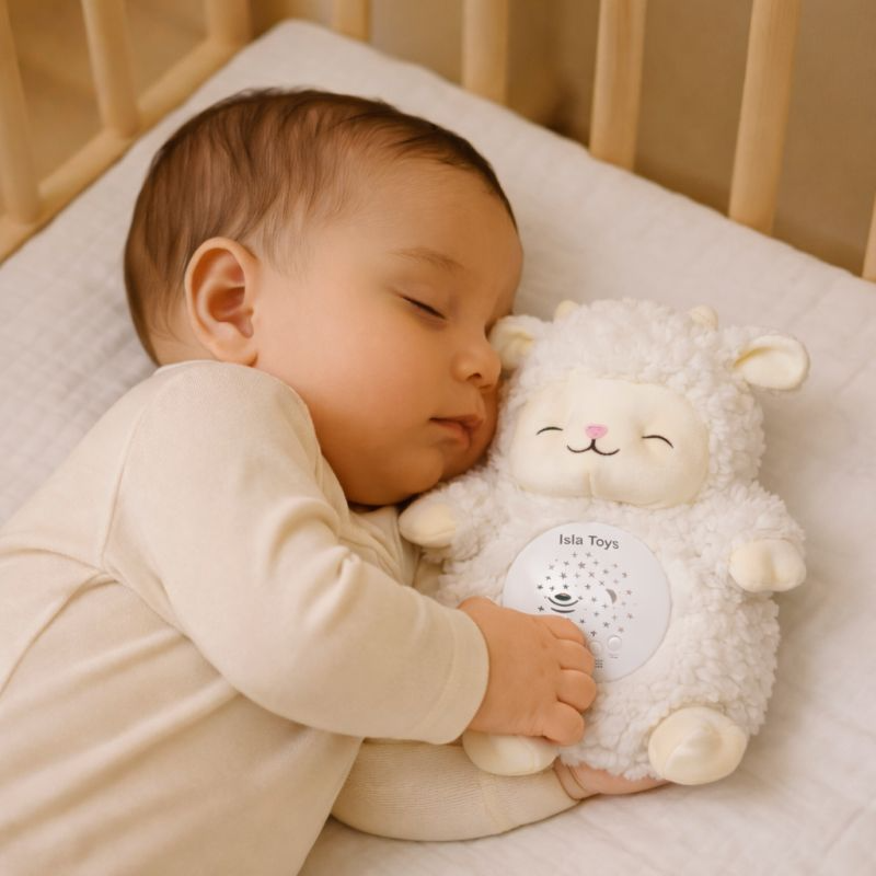 ISLATOYS Kabchi Coranique baby night light plush with sound detector, designed for comforting infants in white.