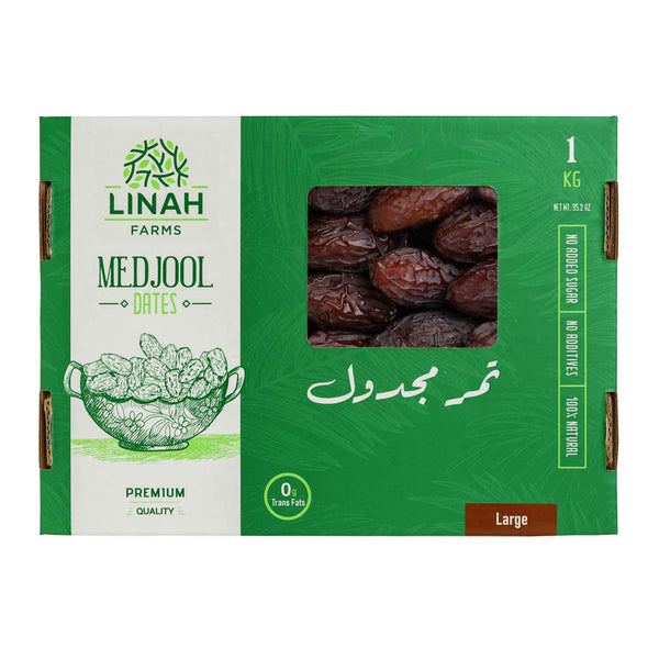 Dattes Medjool géantes de qualité premium de Linah Farms, 1 kg, naturelless, riches en saveur, originaires d'Égypte.