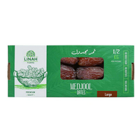 Dattes Medjool grandes et naturelles de Linah Farms, origine Égypte, mise en valeur dans un emballage de 500 g.