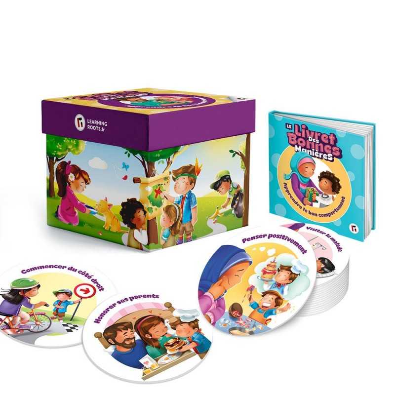 Jeu éducatif Le Coffret des Bonnes Manières de Learning Roots, livré avec cartes et accessoires pour apprendre la politesse.