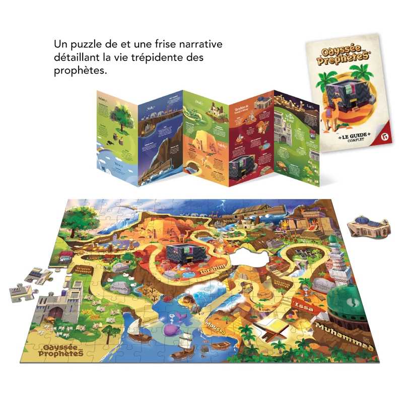 Puzzle éducatif L'Odyssée des Prophètes de Learning Roots, jeu pour enfants avec illustrations colorées et pièces en carton.