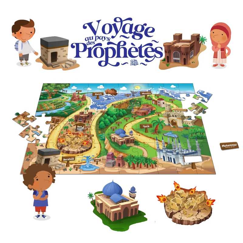 Puzzle pour enfants "Voyage au Pays des Prophètes" de Learning Roots, illustration colorée avec des scènes du récit prophétique.