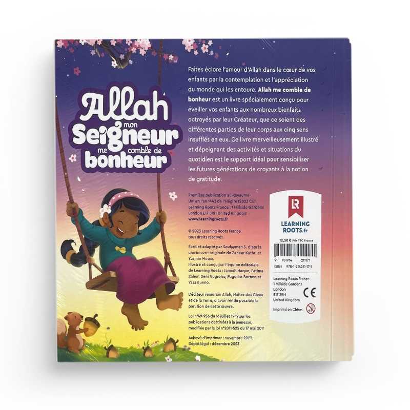 Livre pour enfants "Allah Mon Seigneur Me Comble De Bonheur" de Yasmin Mussa, édition Learning Roots, couverture illustrée colorée.