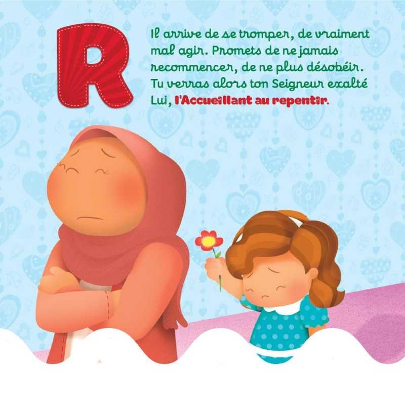 Livre enfant "L'ABC des Noms d'Allah" de Learning Roots avec couverture colorée et illustrations éducatives.