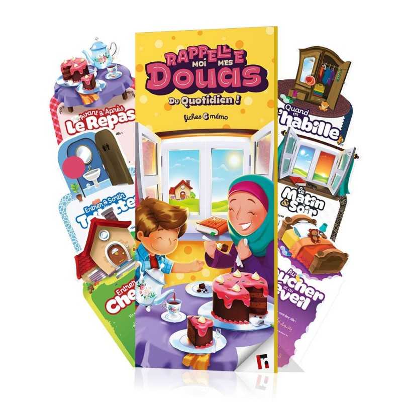 Poster éducatif "Rappelle-moi mes Dou'as" de Learning Roots avec illustrations colorées et messages de prières islamiques.