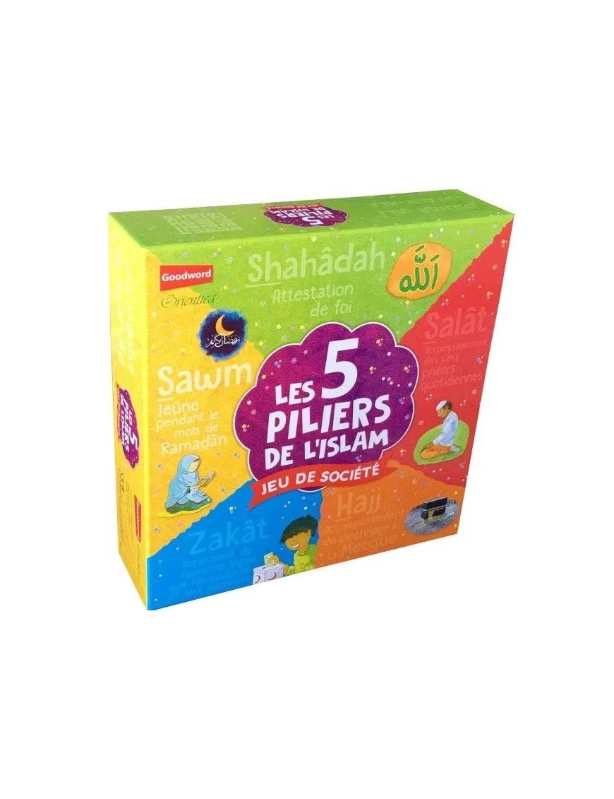 Jeu de société Les 5 Piliers de l’Islam pour enfants, éducatif et ludique, par Orientica, avec pièces et cartes colorées.