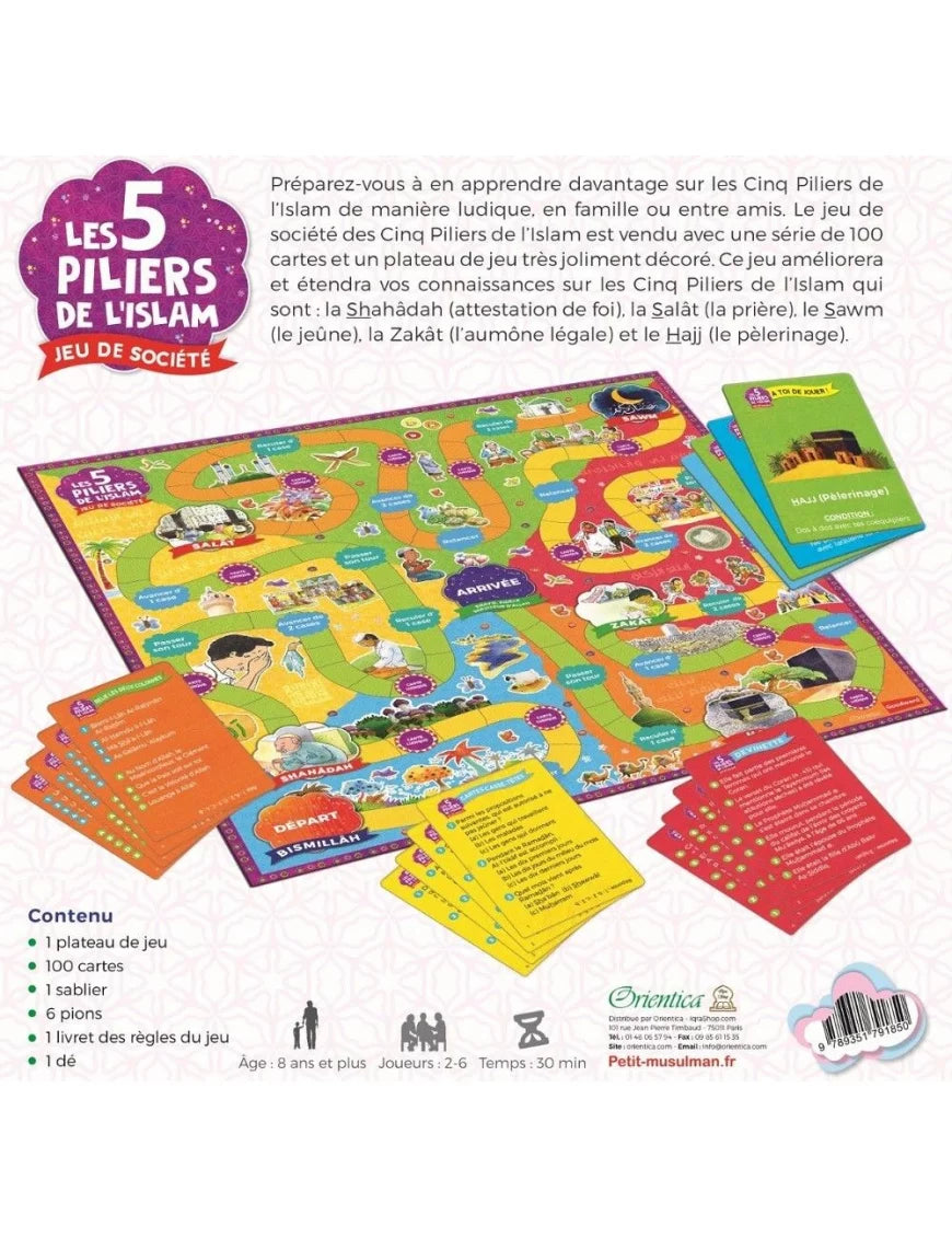 Jeu de société Les 5 Piliers de l'Islam pour enfants, par Orientica, avec cartes et pièces illustrées sur la religion islamique.