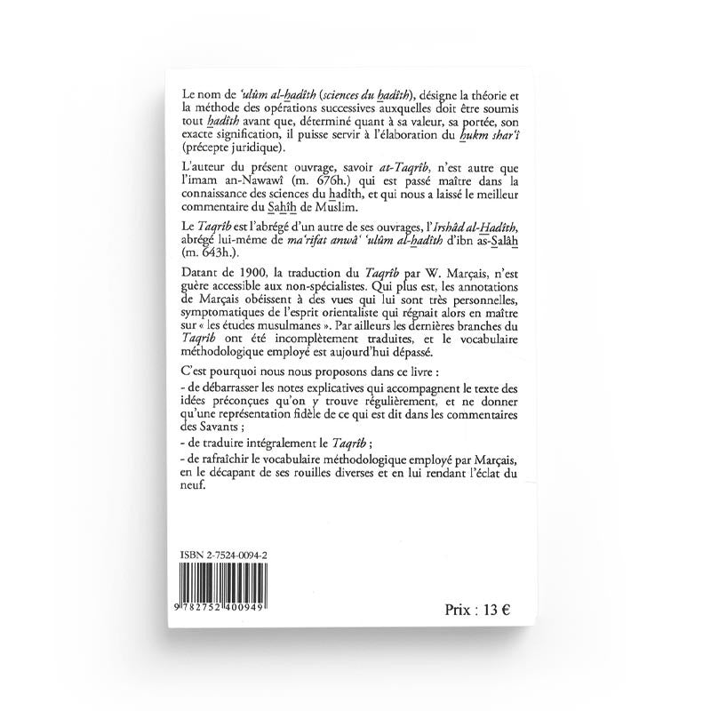 Livre At-Taqrîb de l’Imâm an-Nawawî, traité sur les sciences du Hadîth, publié par Maison D'Ennour, couverture avec titre visible.
