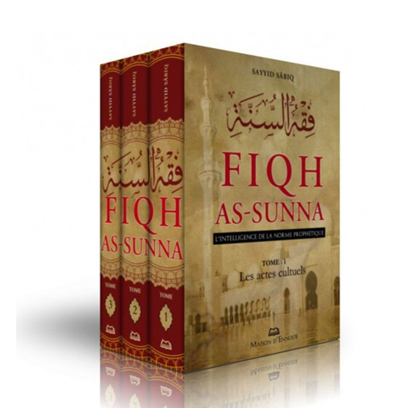 Livre Fiqh As-Sunna de Sayyid Sabiq en 3 volumes, publié par Maison D'Ennour, visible avec couverture et titre.