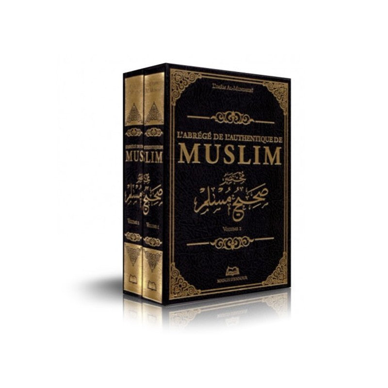 Bilingual two-volume book "L'Abrégé de l'Authentique de Muslim" by Imam Al-Mundhiri, published by Maison D'Ennour, showing the book cover.