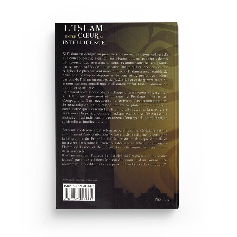 Livre intitulé L'islam entre Cœur & Intelligence par Sofiane Meziani, publié par Maison D'Ennour, avec couverture bleue et titre visible