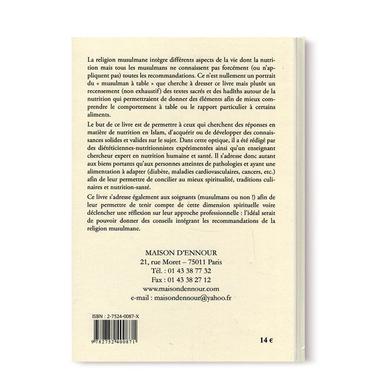 Livre "La Nutrition en Islam" de Maison D'Ennour avec couverture illustrée, se concentrant sur l'alimentation islamique.