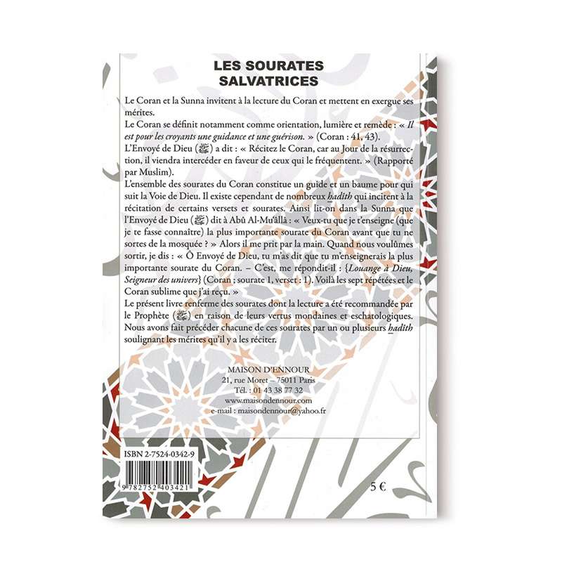 Livre Les Sourates Salvatrices de la maison D'Ennour, couverture avec titre visible et design sobre.