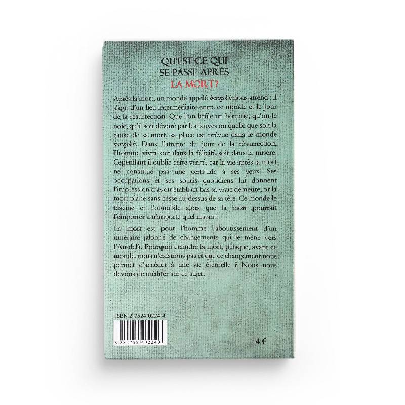 Livre de Maison D'Ennour intitulé "Qu'est-ce qui se passe après la mort ?" d'après Sheikh Raft-Uddin, couverture avec titre visible.