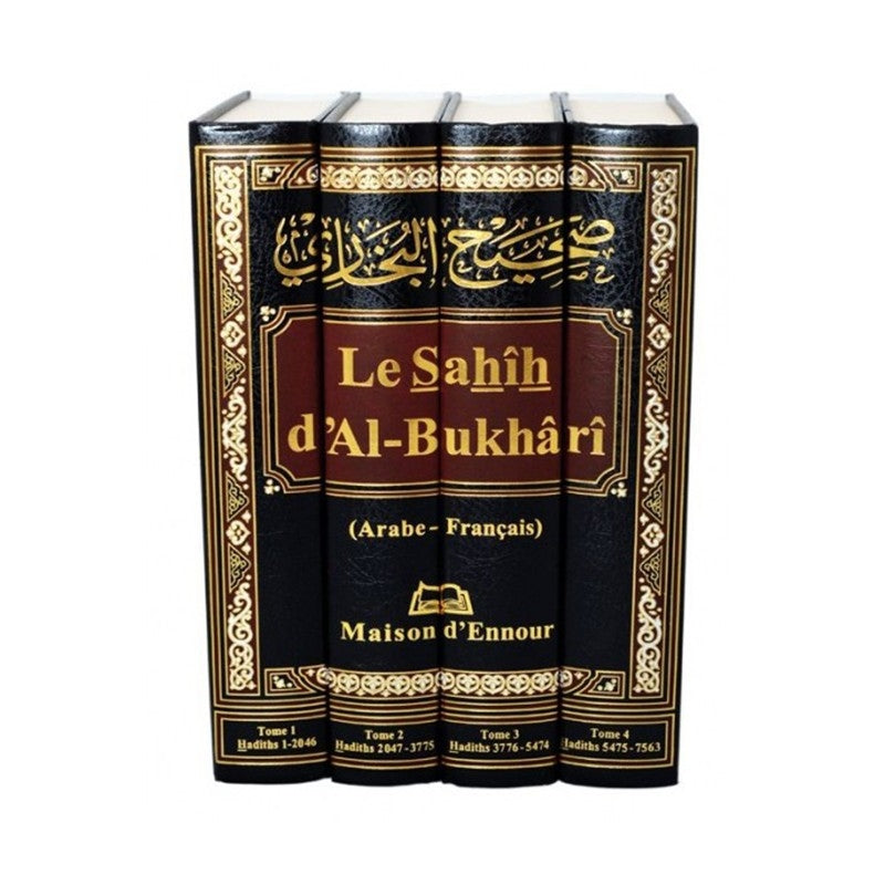 Livre Sahih Al Boukhari Complet en arabe et français par Maison D'Ennour, ensemble de 4 volumes, couverture avec titre.