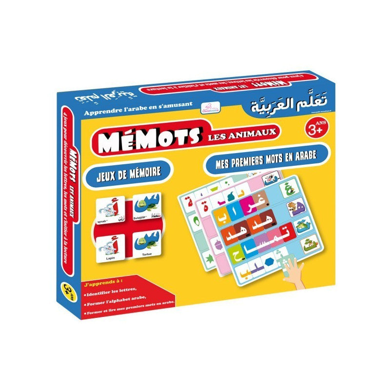 Jeu de mémoire Mémots Les Animaux d'Ousratouna, cartes illustrées pour enfants en arabe, adapté dès 3 ans.