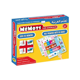 Jeu de mémoire Mémots Les Animaux d'Ousratouna, cartes illustrées pour enfants en arabe, adapté dès 3 ans.