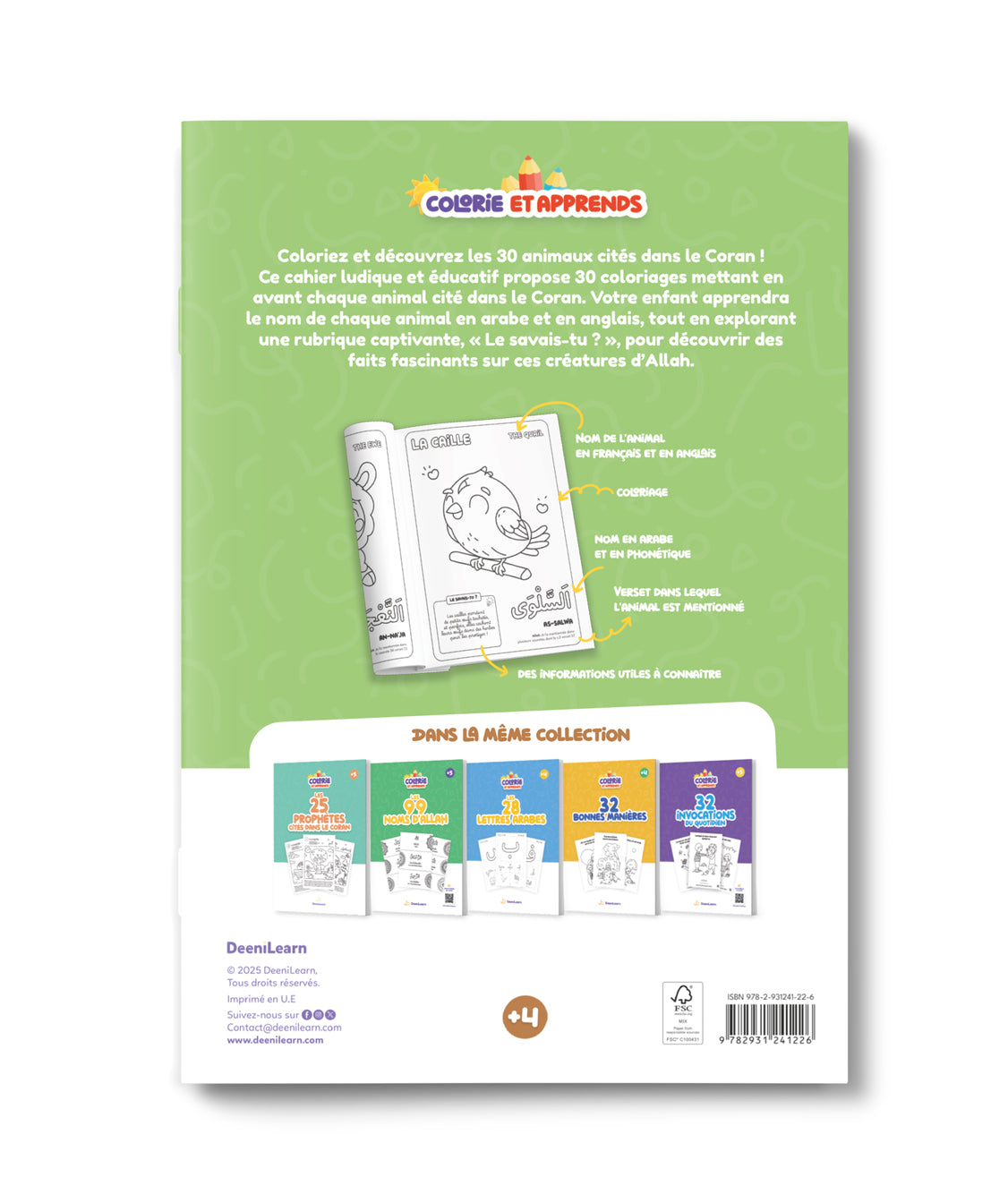 Livre enfant DeeniLearn Colorie et Apprends, Les 30 Animaux du Coran, illustration d’animaux du Coran sur fond d’ombre.