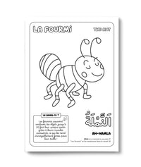 Livre enfant "Colorie et Apprends – Les 30 Animaux du Coran" de DeeniLearn, illustration d'ombres d'animaux comme la fourmi.