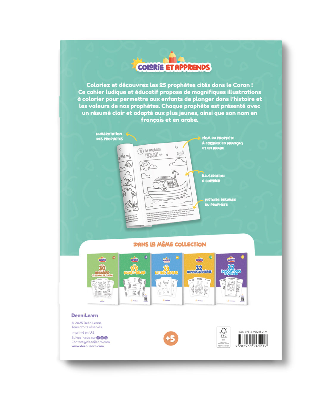 Livre pour enfants "Les 25 Prophètes" de DeeniLearn, couverture avec illustration de prophètes en arrière-plan.