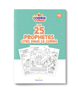 Livre pour enfants "Les 25 Prophètes" de DeeniLearn, couverture avec ombres et illustrations éducatives sur les prophètes islamiques.