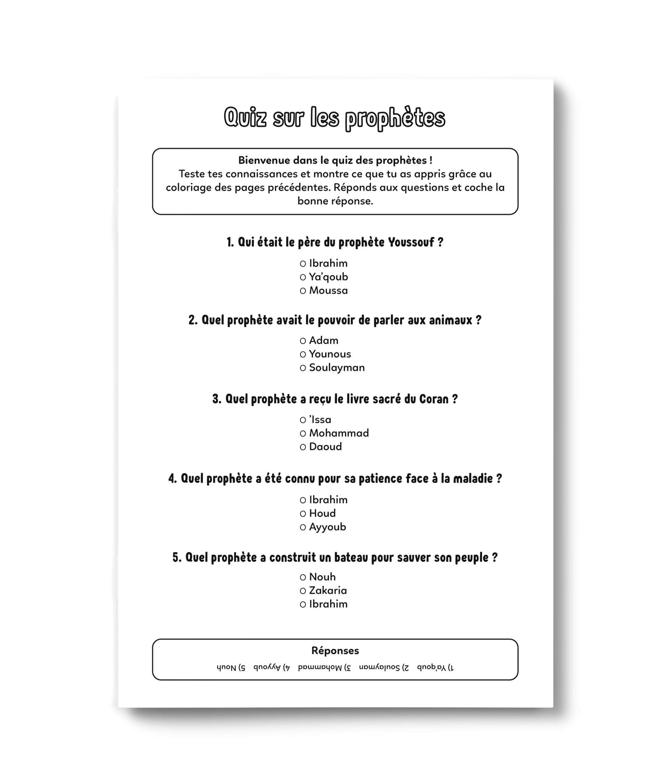 Livre pour enfants "Les 25 Prophètes" de DeeniLearn avec illustrations colorées et activités éducatives.