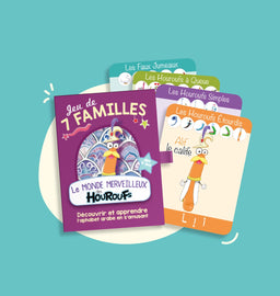 Jeu éducatif Le Jeu des 7 Familles du Monde des Houroufs avec alphabet arabe, illustré, pour apprendre en s'amusant.