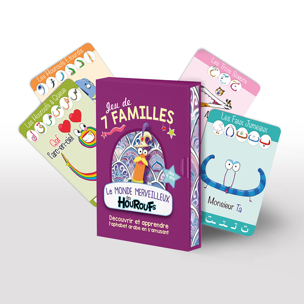 Jeu éducatif Monde des Houroufs, Le Jeu des 7 Familles du Monde des Houroufs avec alphabet arabe, cartes colorées et illustrations