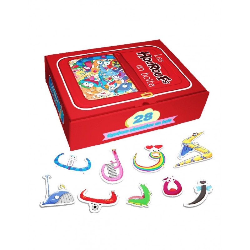 Jeux pour enfant Les Houroufs en boîte de Monde des Hourouf, illustration colorée avec personnages et éléments ludiques.