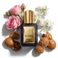 Parfum Nabil Roll-On Musc Crystal 5ml, flacon en verre avec applicateur à bille, parfum floral gourmand à la praline, la vanille et la rose.