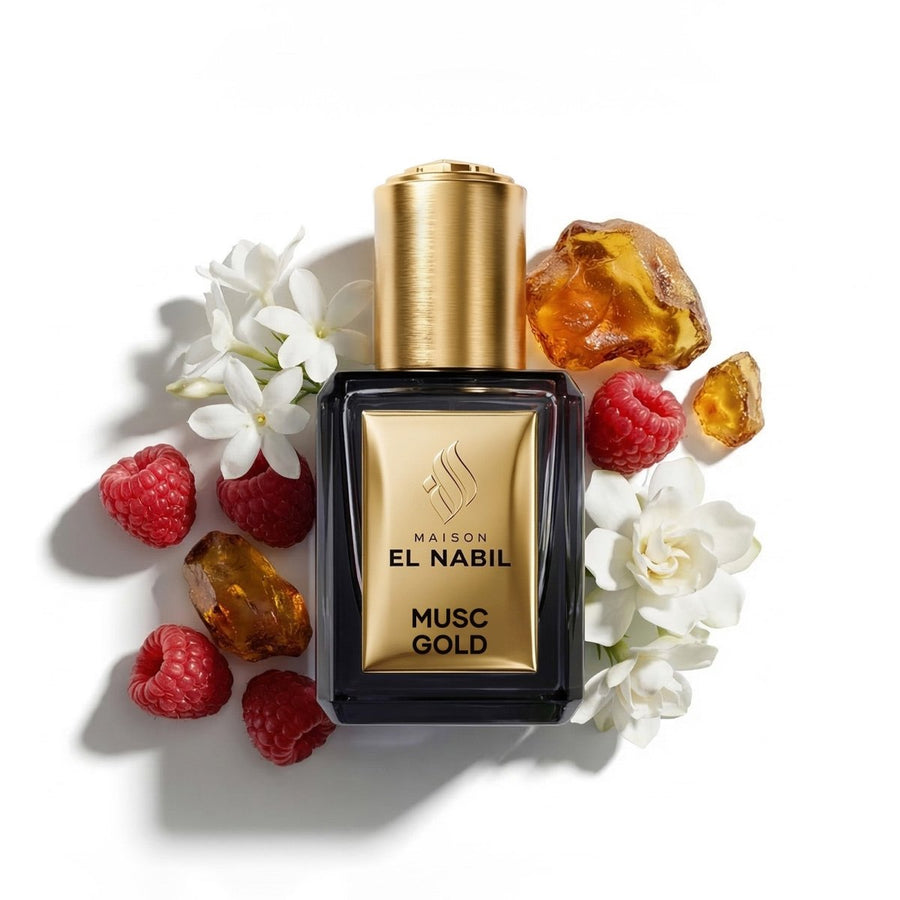 Roll-on Parfum Nabil Musc Gold de 5ml, flacon élégant avec applicateur roll-on, parfum floral et musqué.