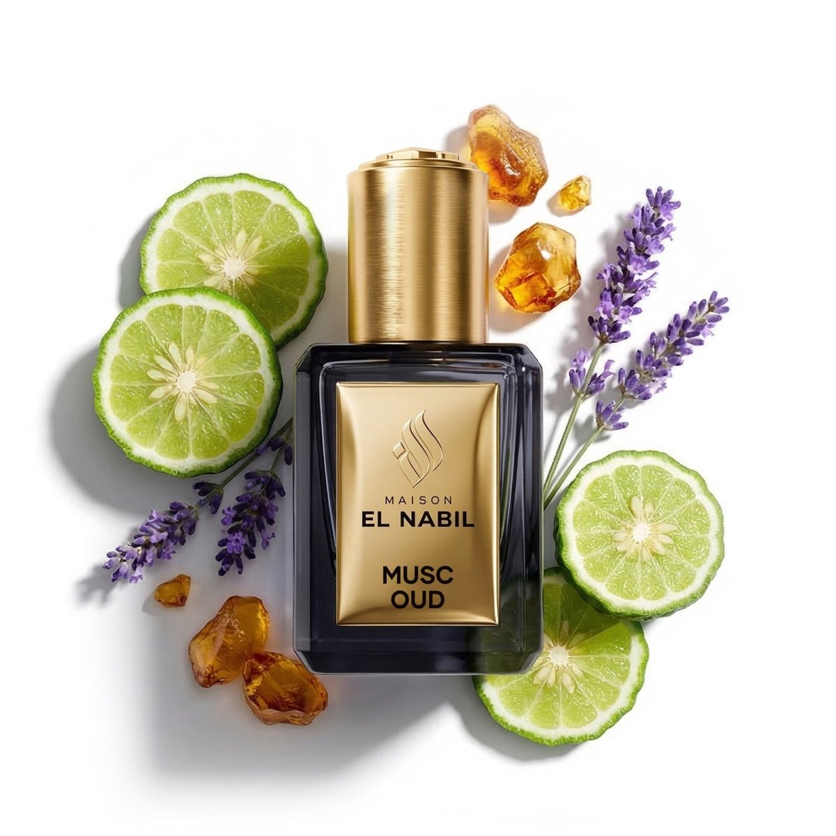 Parfum Nabil Roll-On Musc Oud 5ml, flacon en verre avec applicateur à bille, parfum ambré boisé aux agrumes et aux épices aromatiques.