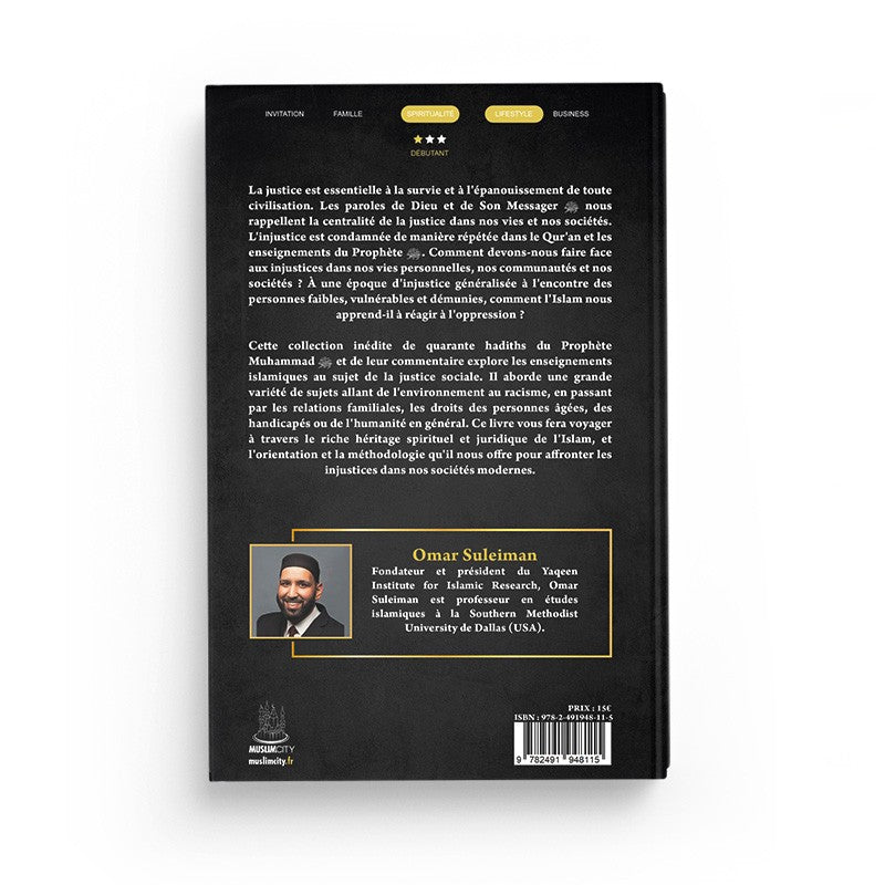 Livre "40 Hadiths Sur La Justice" d'Omar Suleiman, livre musulman publié par Muslim City, avec couverture illustrée.