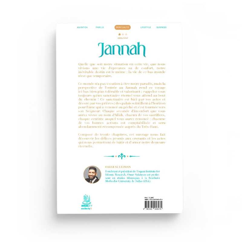 Livre Jannah : 30 Aperçus des Délices du Paradis d'Omar Suleiman par Muslim City, couverture avec titre et design élégant.