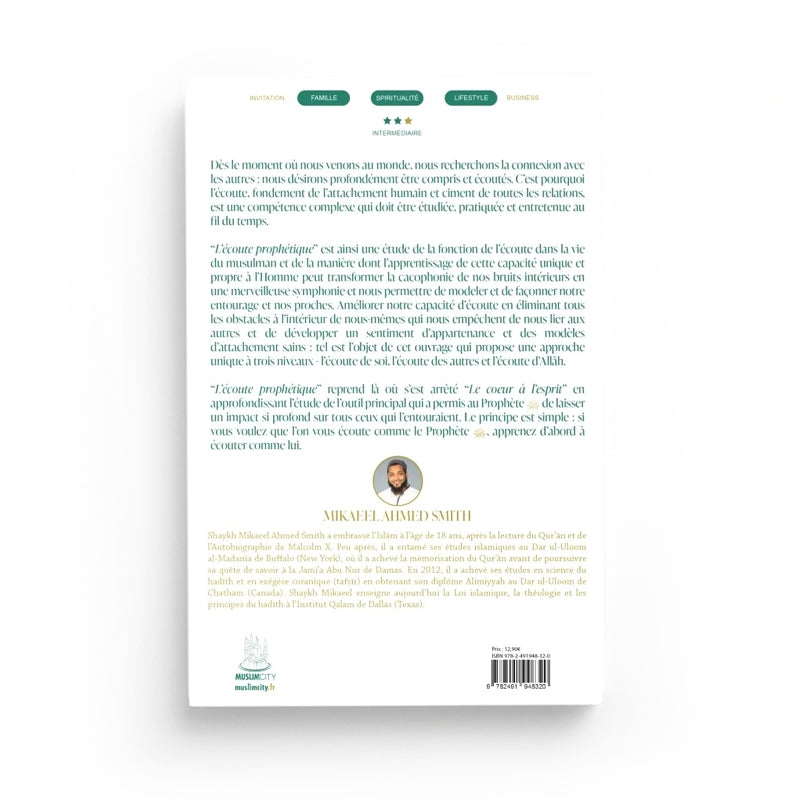 Livre "L’Écoute Prophétique" de Mikaeel Ahmed Smith, couverture avec titre et logo Muslim City, texte en français.