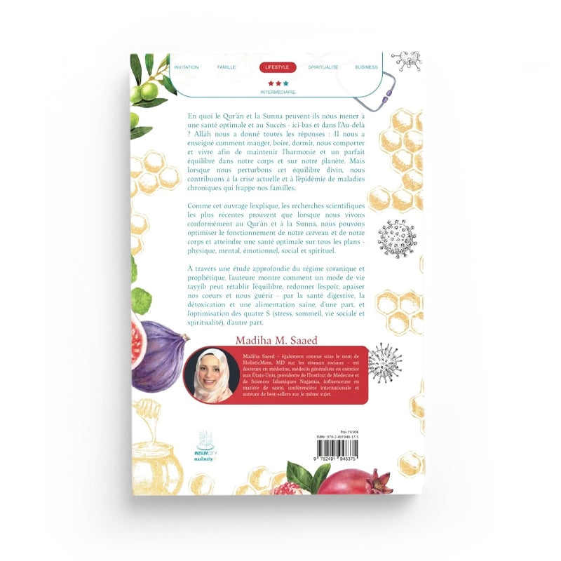 Livre La Prescription Coranique par Muslim City, ouvert avec pages visibles, présentant des textes islamiques et conseils pour une santé optimale.