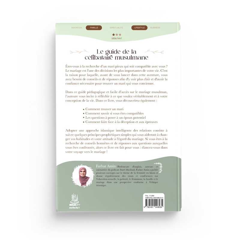 Livre "Le Guide de la Célibataire Musulmane" de Farhat Amin, couverture avec titre en texte blanc sur fond bleu, édition Muslim City