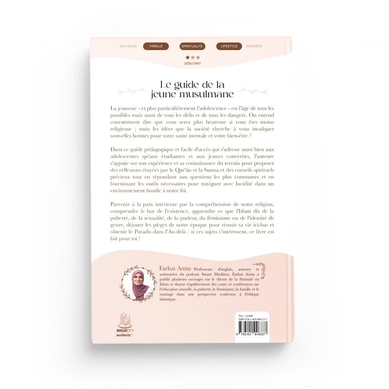 Livre "Le guide de la jeune musulmane" de Muslim City, couverture avec titre et illustrations symboliques.